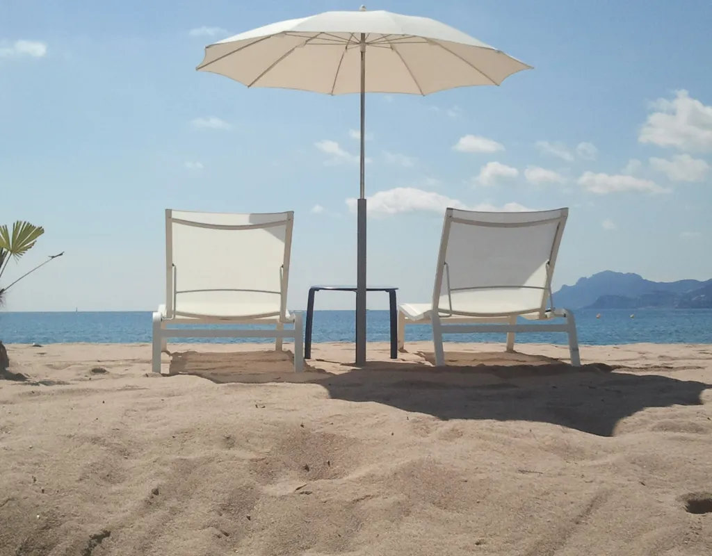 two chairs and umbrella on a beach